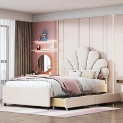 Okwish Lit avec rangement 90x200 cm simple enfant fille capitonné avec 2 ablagefächer et lattenrost, velours+bois beige, sans matelas