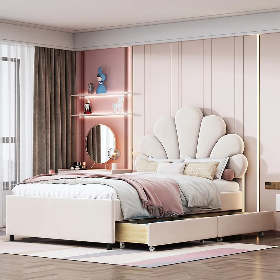 Okwish Lit avec rangement 90x200 cm simple enfant fille capitonné avec 2 ablagefächer et lattenrost, velours+bois beige, sans matelas