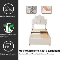 Okwish Lit avec rangement 90x200 cm simple enfant fille capitonné avec 2 ablagefächer et lattenrost, velours+bois beige, sans matelas