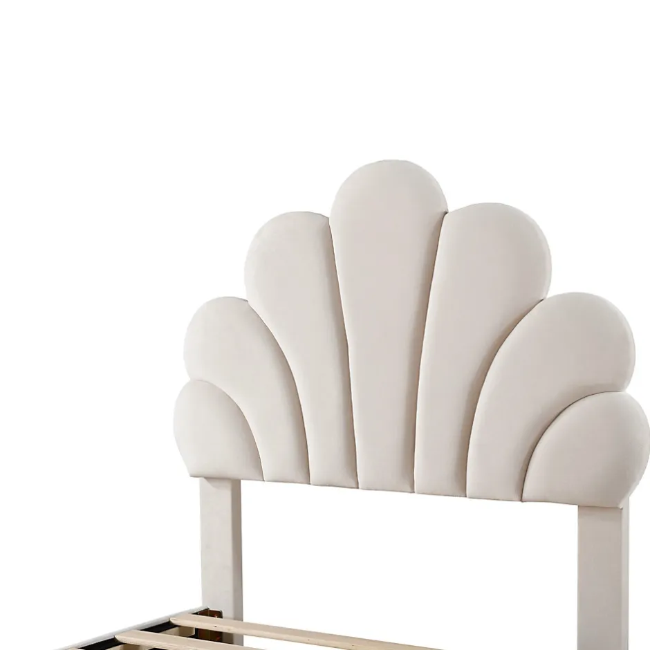 Okwish Lit avec rangement 90x200 cm simple enfant fille capitonné avec 2 ablagefächer et lattenrost, velours+bois beige, sans matelas