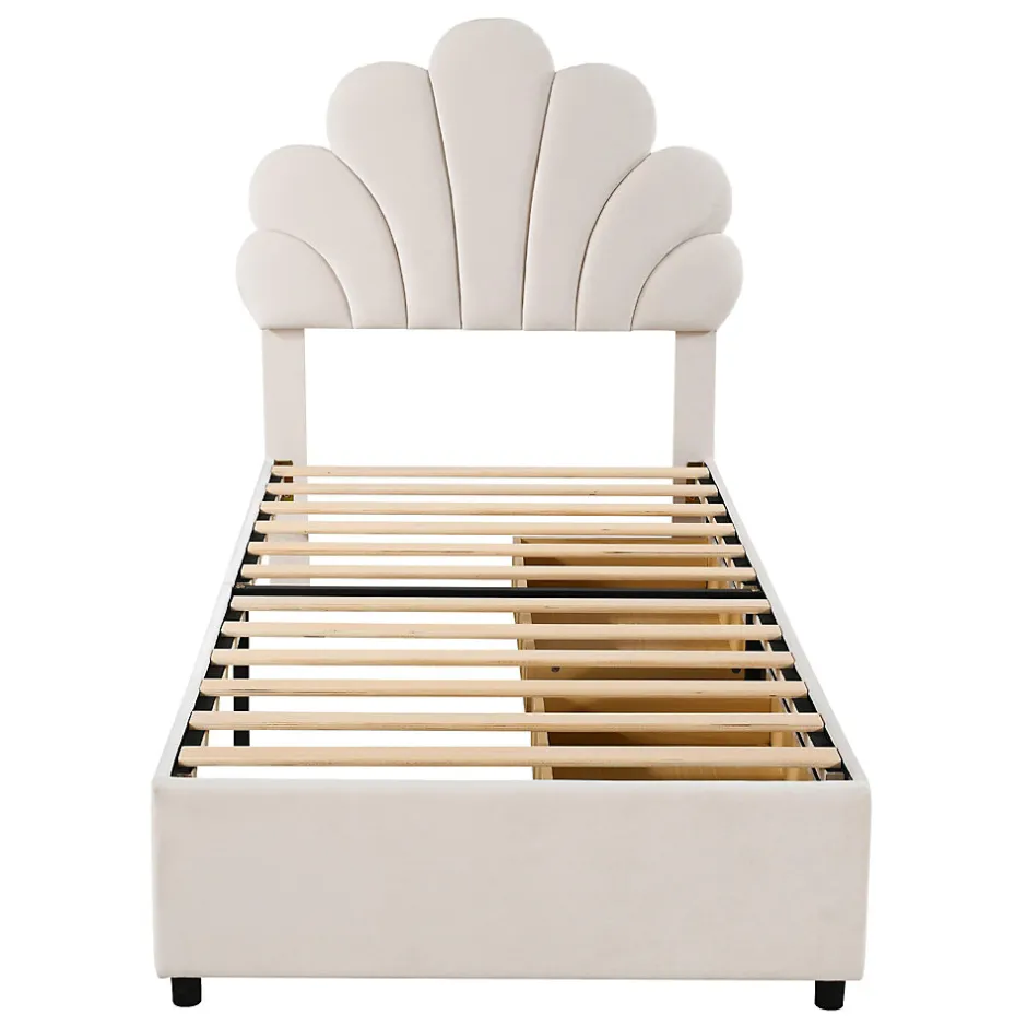Okwish Lit avec rangement 90x200 cm simple enfant fille capitonné avec 2 ablagefächer et lattenrost, velours+bois beige, sans matelas