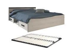 Vente-unique Lit avec rangements 140 x 190 cm - 2 tiroirs et 1 niche - Coloris : Naturel + Sommier - PABLO