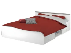 Vente-unique Lit avec rangements 140 x 190 cm - 2 tiroirs et 1 niche - Coloris : Blanc + Sommier - PABLO