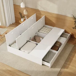 Okwish Lit avec Rangements 140x200 cm - Lit Double avec Tiroirs, Espace sous le Lit - MDF - Blanc - Sans Matelas New