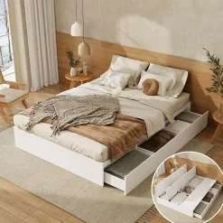 Okwish Lit avec Rangements 140x200 cm - Lit Double avec Tiroirs, Espace sous le Lit - MDF - Blanc - Sans Matelas New