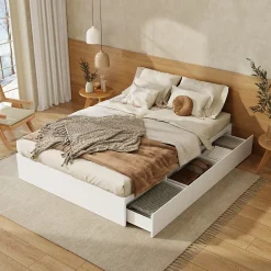 Okwish Lit avec Rangements 140x200 cm - Lit Double avec Tiroirs, Espace sous le Lit - MDF - Blanc - Sans Matelas New