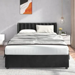 Generique Lit avec Rangements 160x200, Lit Double Capitonné en Velours Noir avec 2 Tiroirs