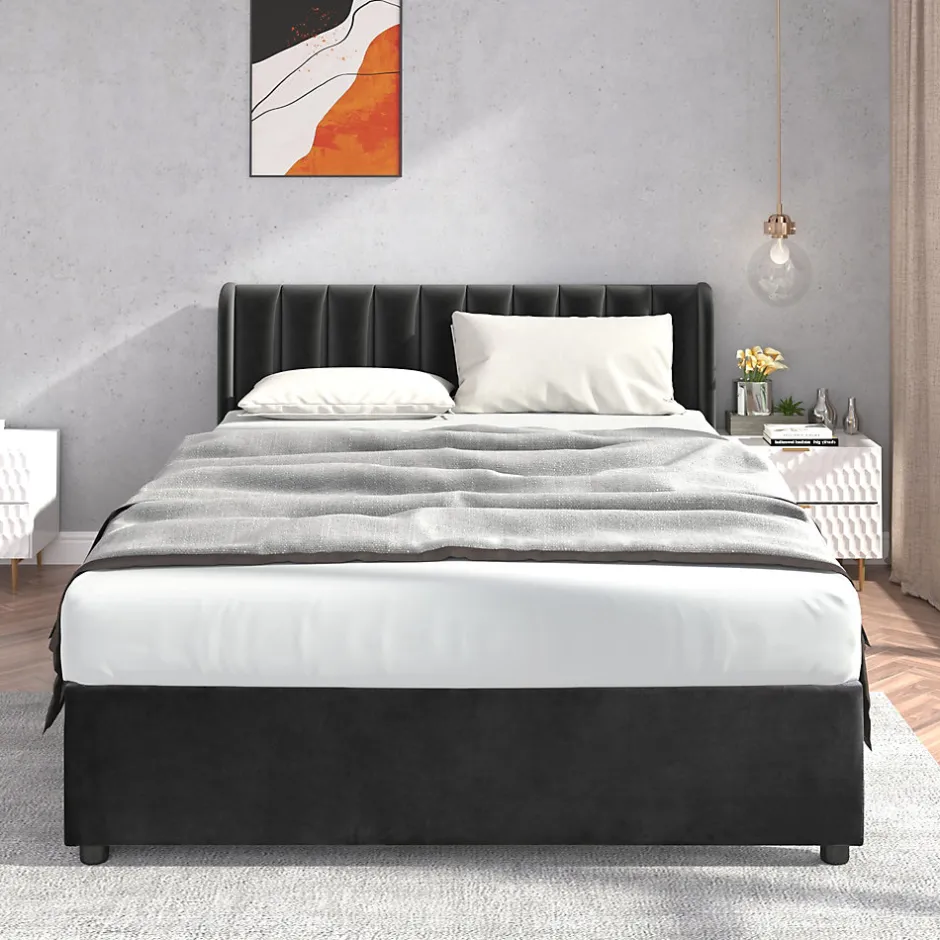 Generique Lit avec Rangements 160x200, Lit Double Capitonné en Velours Noir avec 2 Tiroirs