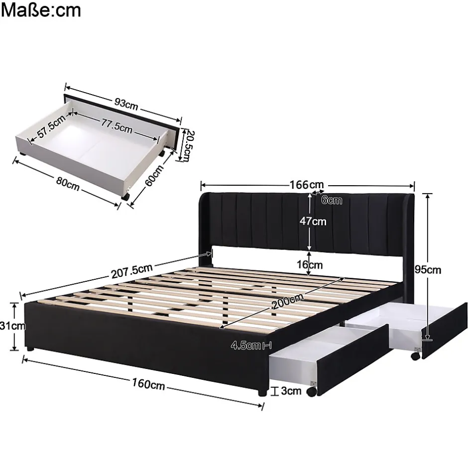 Generique Lit avec Rangements 160x200, Lit Double Capitonné en Velours Noir avec 2 Tiroirs