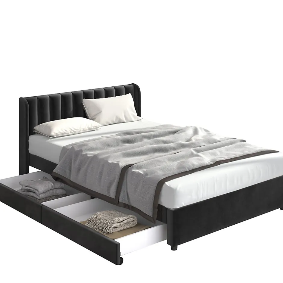 Generique Lit avec Rangements 160x200, Lit Double Capitonné en Velours Noir avec 2 Tiroirs