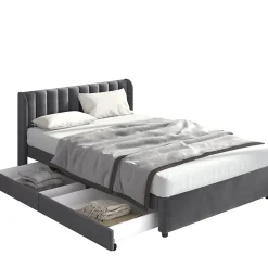 Okwish Lit avec Rangements 160x200, Lit Double Capitonné en Velours Gris avec 2 Tiroirs Online