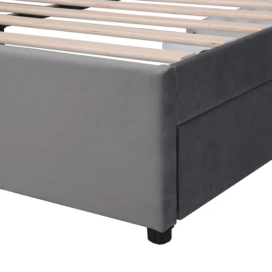 Okwish Lit avec Rangements 160x200, Lit Double Capitonné en Velours Gris avec 2 Tiroirs Online