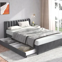 Okwish Lit avec Rangements 140x200, Lit Double Capitonné avec 2 Tiroirs, Velours Gris