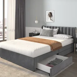 Okwish Lit avec Rangements 140x200, Lit Double Capitonné avec 2 Tiroirs, Velours Gris