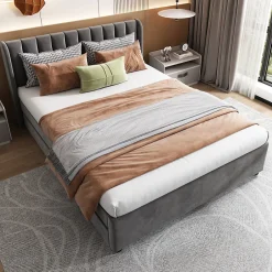 Okwish Lit avec Rangements 140x200, Lit Double Capitonné avec 2 Tiroirs, Velours Gris