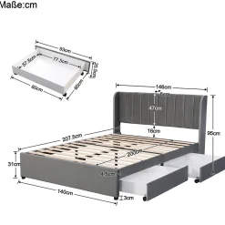 Okwish Lit avec Rangements 140x200, Lit Double Capitonné avec 2 Tiroirs, Velours Gris