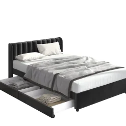 Okwish Lit avec Rangements 140x200, Lit Double Capitonné avec 2 Tiroirs, Velours Noir Online