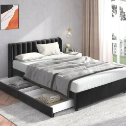 Okwish Lit avec Rangements 140x200, Lit Double Capitonné avec 2 Tiroirs, Velours Noir Online