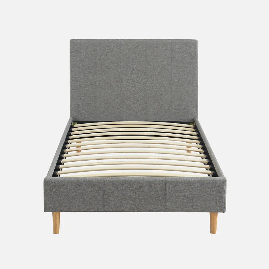Sweeek Lit avec sommier à lattes et tête de lit. finition tissu. gris clair. L 202 x P 96 x H 88cm