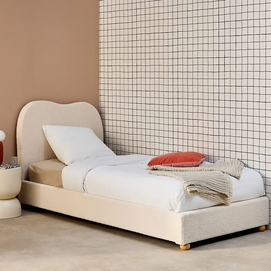 Sweeek Lit avec sommier à lattes et tête de lit. blanc finition bouclette. L204 x P98 x H96.5cm