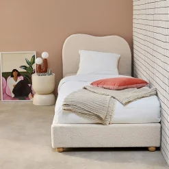 Sweeek Lit avec sommier à lattes et tête de lit. blanc finition bouclette. L204 x P98 x H96.5cm