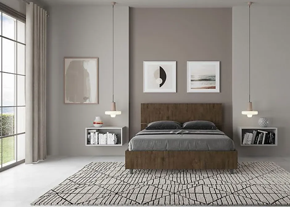 Ityhome Lit avec sommier à lattes 140x190, tête de lit inclinée Demas en noyer