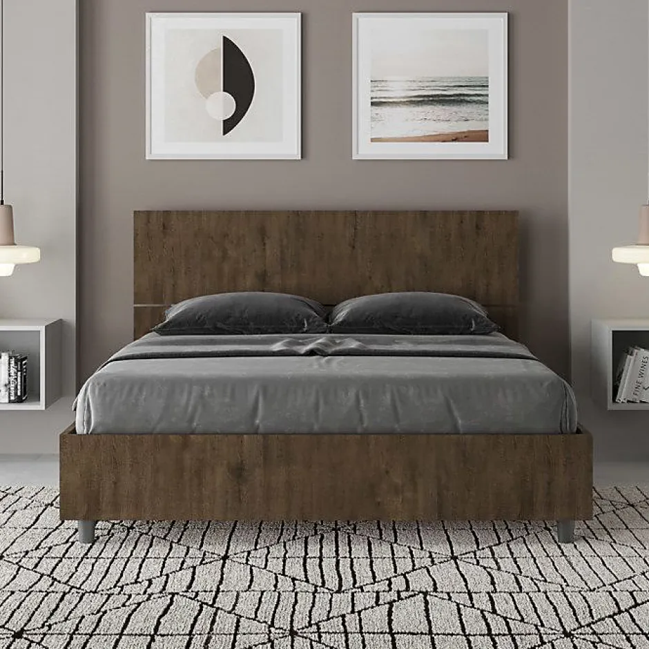 Ityhome Lit avec sommier à lattes 140x190, tête de lit inclinée Demas en noyer