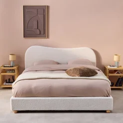 Sweeek Lit avec sommier à lattes et tête de lit. blanc finition bouclette. L203 x P148 x H97cm