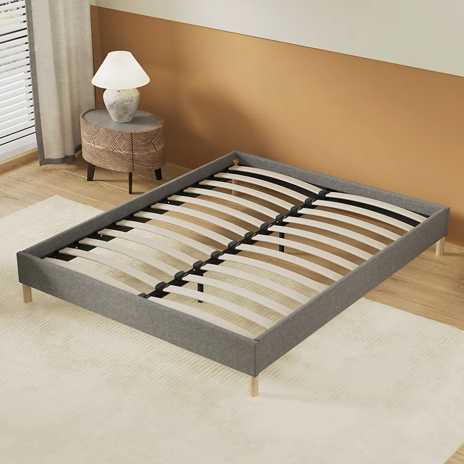 November Lit avec sommier lattes en bois - 140x190 cm - Tissu Gris - Pieds en bois