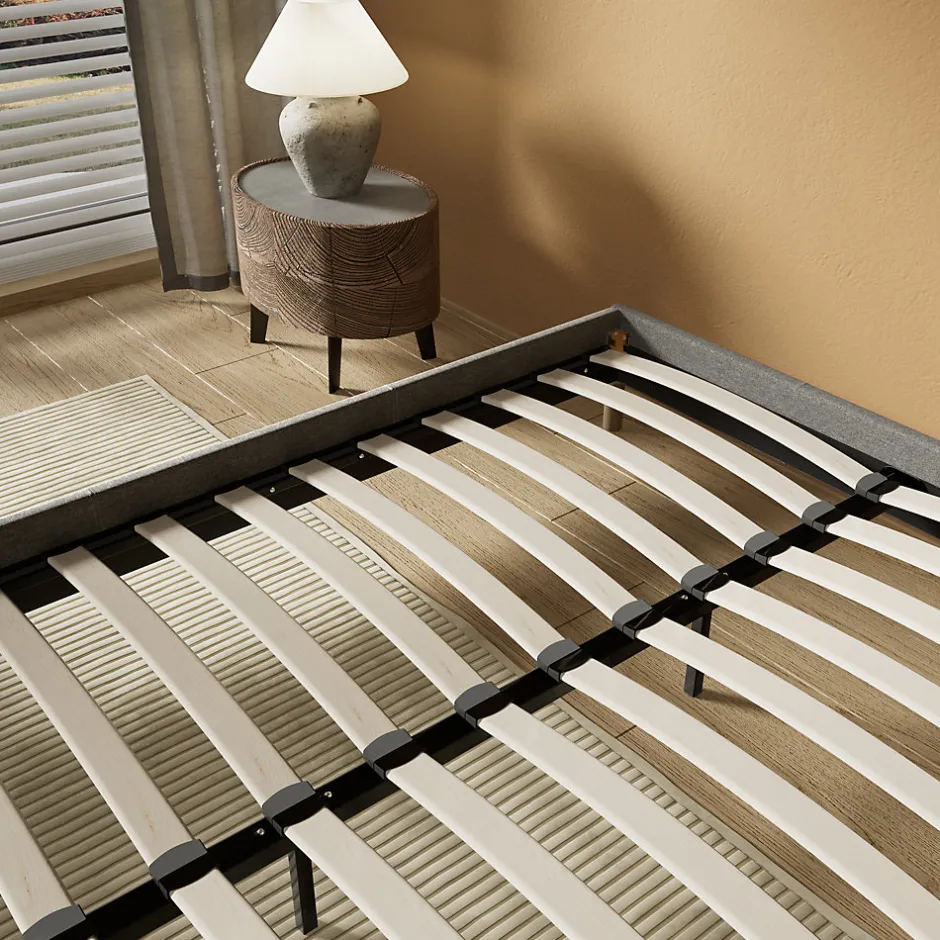 November Lit avec sommier lattes en bois - 140x190 cm - Tissu Gris - Pieds en bois