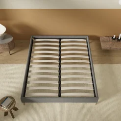 November Lit avec sommier lattes en bois - 140x190 cm - Tissu Gris - Pieds en bois
