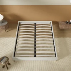 November Lit avec sommier lattes en bois - 140x200 cm - Tissu Blanc - Pieds en bois Best