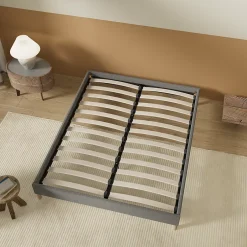 November Lit avec sommier lattes en bois - 120x190 cm - Tissu Gris - Pieds en bois Outlet
