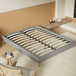 November Lit avec sommier lattes en bois - 120x190 cm - Tissu Gris - Pieds en bois Outlet