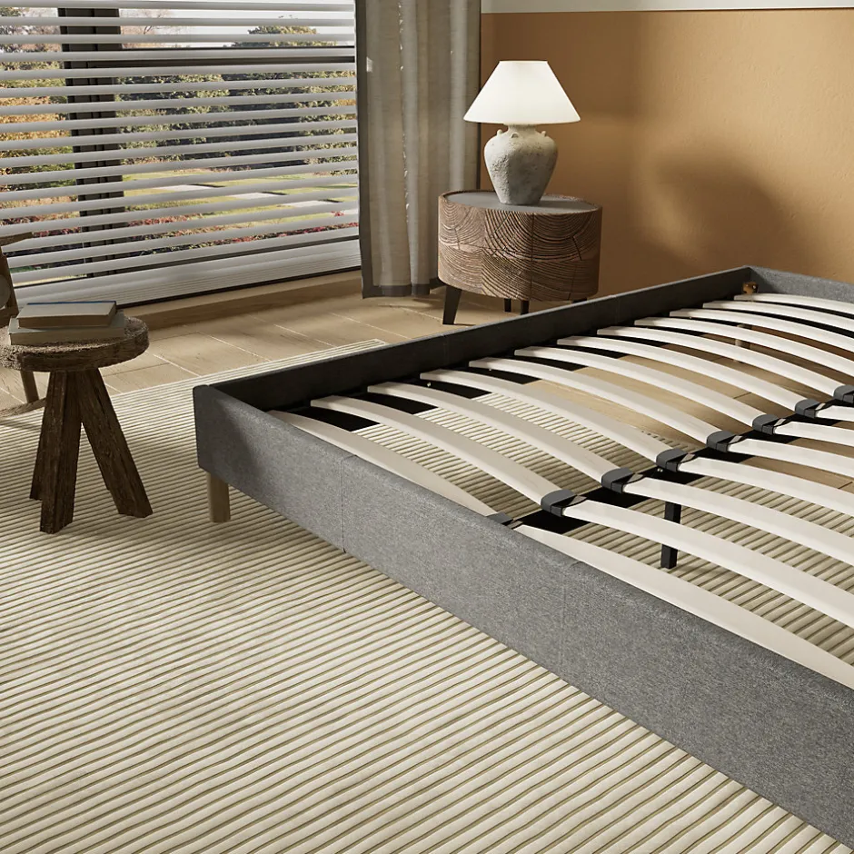 November Lit avec sommier lattes en bois - 140x200 cm - Tissu Gris - Pieds en bois
