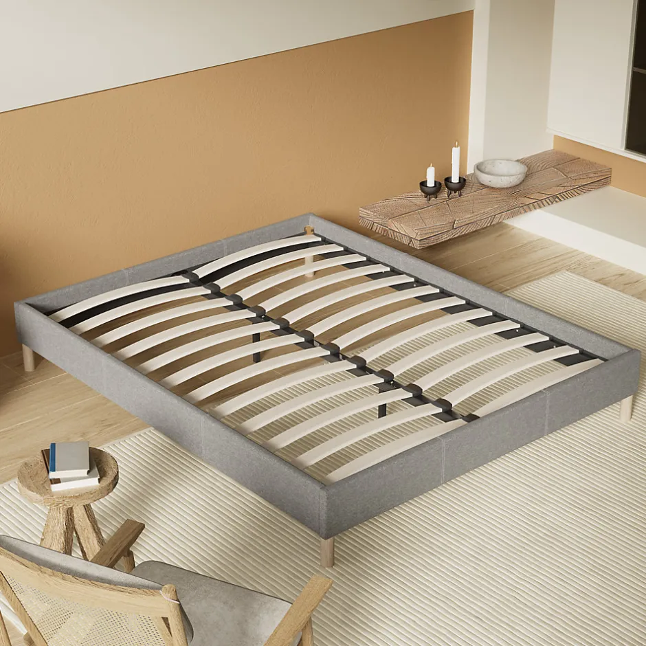 November Lit avec sommier lattes en bois - 140x200 cm - Tissu Gris - Pieds en bois