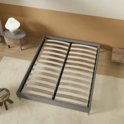 November Lit avec sommier lattes en bois - 140x200 cm - Tissu Gris - Pieds en bois