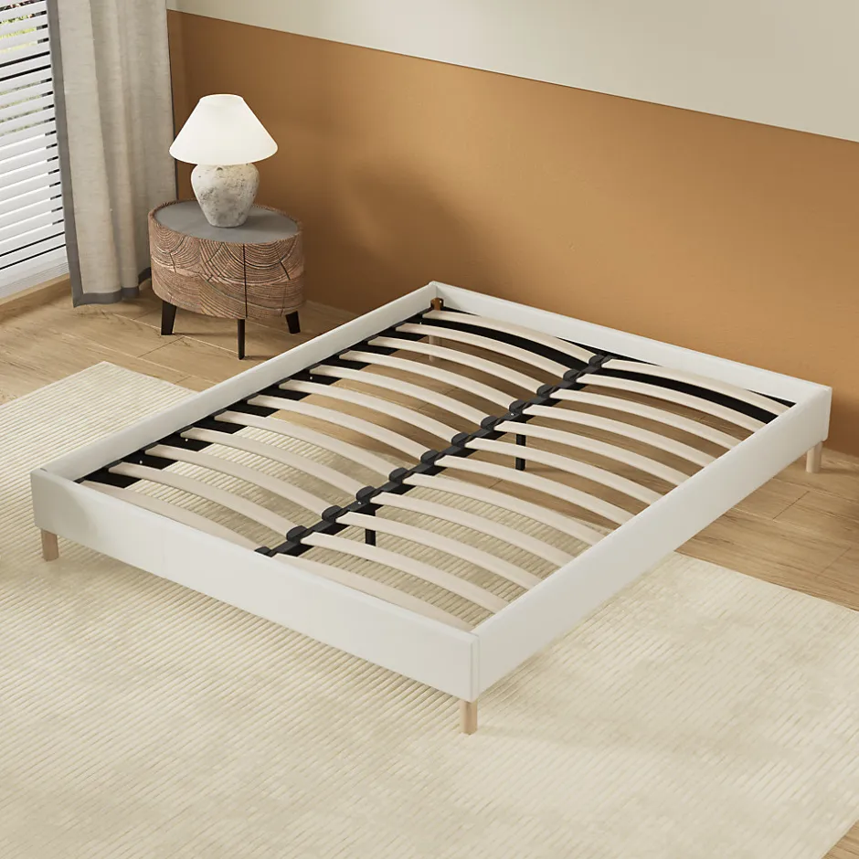 November Lit avec sommier lattes en bois - 140x190 cm - Tissu Blanc - Pieds en bois