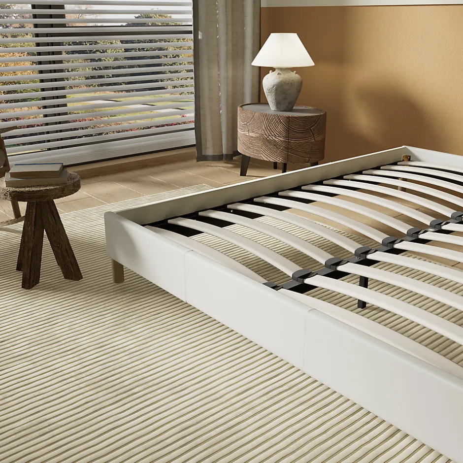 November Lit avec sommier lattes en bois - 140x190 cm - Tissu Blanc - Pieds en bois