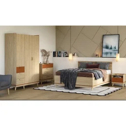 Meublorama Lit avec sommier NOKI 180x200 cm chene clair et moka Style scandinave Online