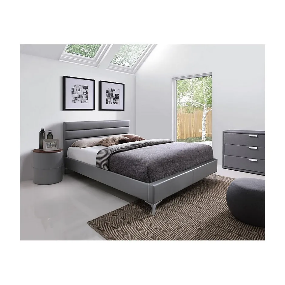 Meublorama Lit avec sommier THOMAS 160x200 en simili cuir, coloris gris 215 x 99,5 x 165 cm