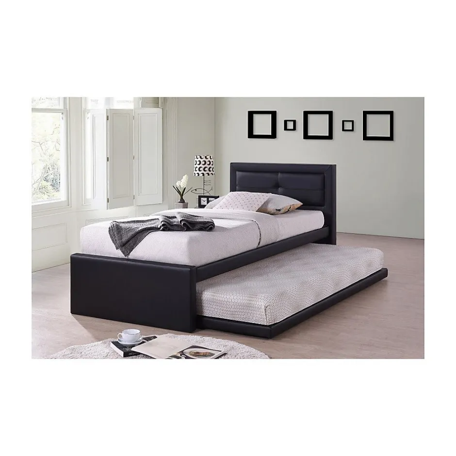 Meublorama Lit avec tiroir-lit RODAN 90x200 cm en simili cuir coloris noir, sommier inclus.