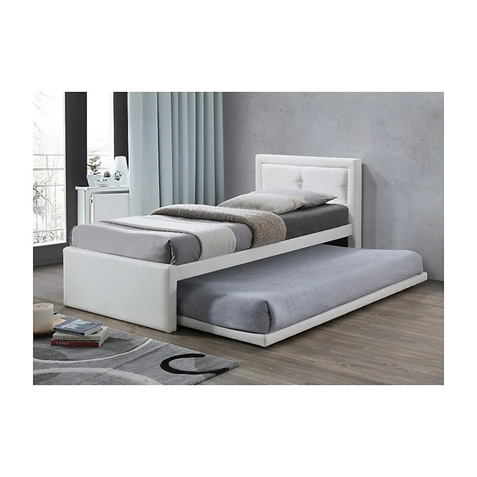 Meublorama Lit avec tiroir-lit RODAN 90x200 cm Similicuir blanc Sommier inclus Style moderne