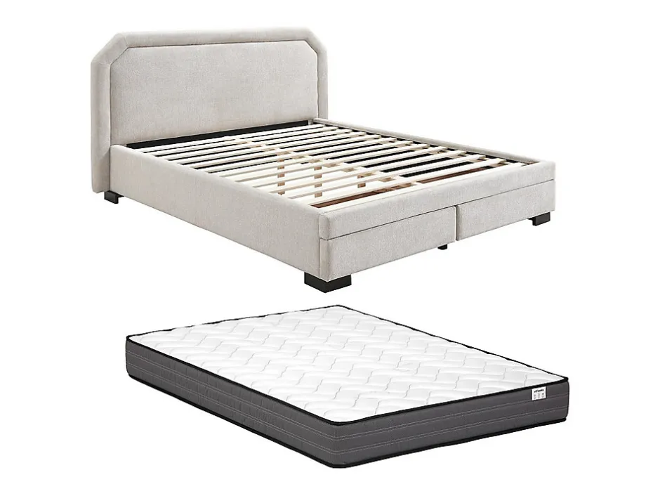Vente-unique Lit avec tiroirs 180 x 200 cm - Tissu - Beige + Matelas - INASTO