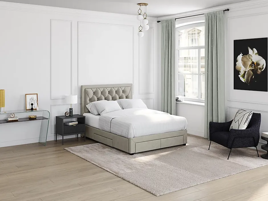 Vente-unique Lit avec tiroirs 180 x 200 cm - Tissu velours - Beige + Matelas - LEOPOLD New