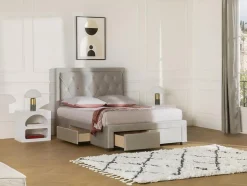 Vente-unique Lit avec tiroirs 140 x 190 cm - Tissu velours - Beige + Matelas - LEOPOLD