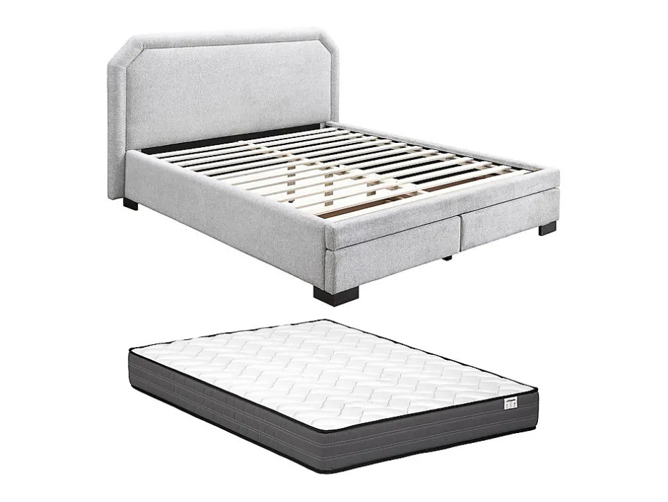 Vente-unique Lit avec tiroirs 140 x 190 cm - Tissu - Gris clair + Matelas - INASTO