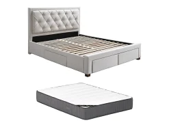 Vente-unique Lit avec tiroirs 160 x 200 cm - Tissu - Beige + Matelas - LEOPOLD