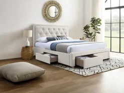 Vente-unique Lit avec tiroirs 160 x 200 cm - Tissu - Beige - LEOPOLD Outlet