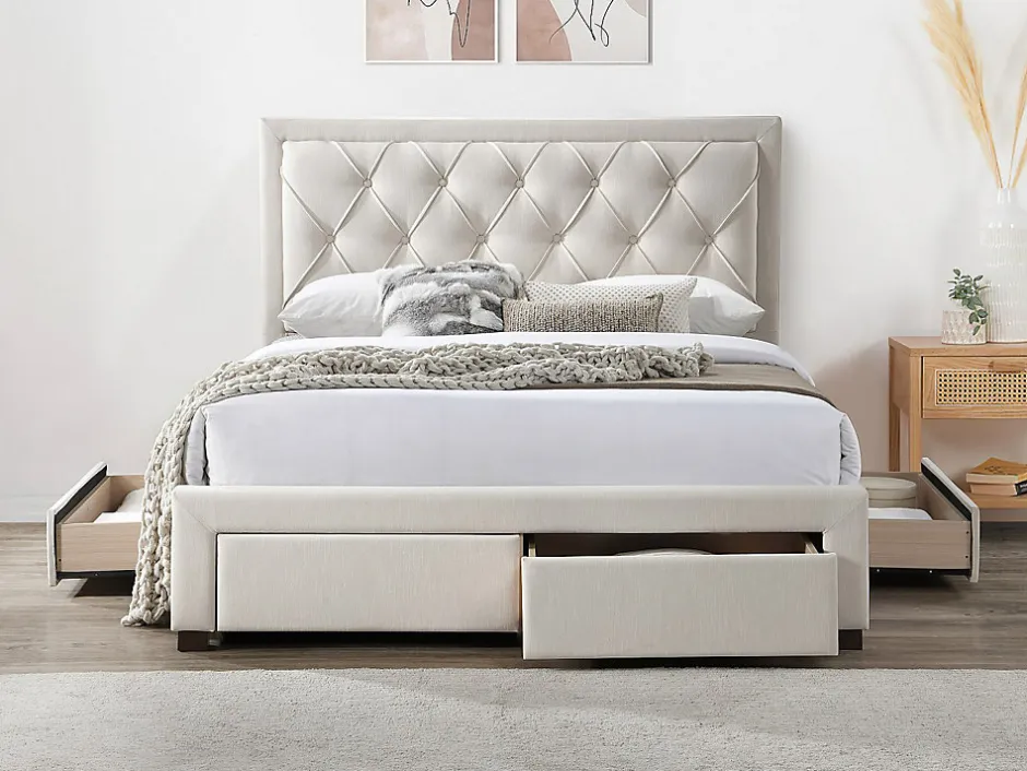 Vente-unique Lit avec tiroirs 160 x 200 cm - Tissu - Beige - LEOPOLD Outlet
